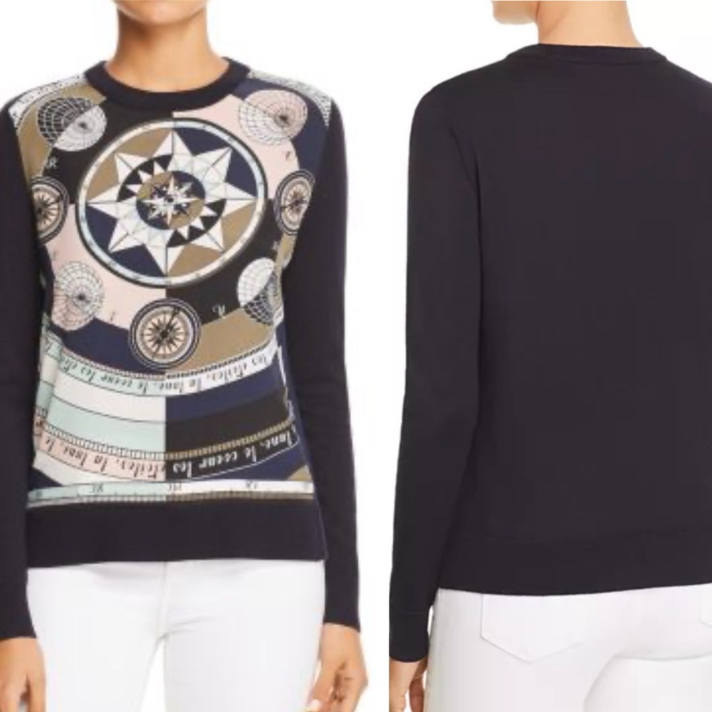 Tory Burch Silk Front Merino Wool‎ Compass Print Sweater Women’s Size M